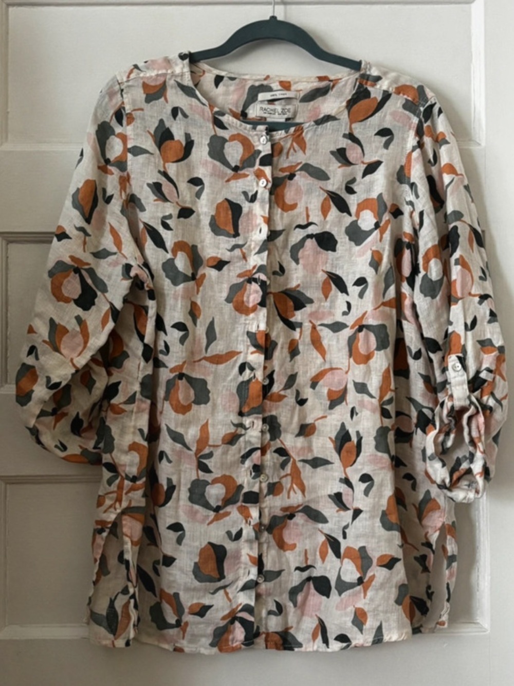 Rachel Zoe Cream Button-Front Floral Print Tunic Blouse, 100% Cotton. Size XL - Picture 2 of 3
